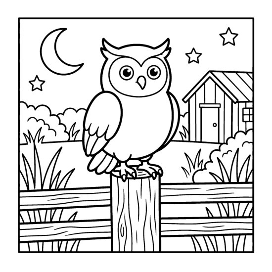 Owl standing on a wooden fencepost in a night meadow with a shed and tall grass coloring sheet
