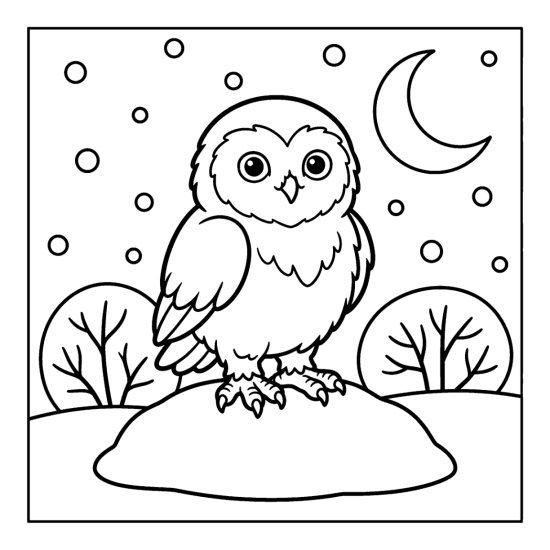 Fluffy snowy owl standing on a snow mound with falling flakes and bare bushes in bold and easy