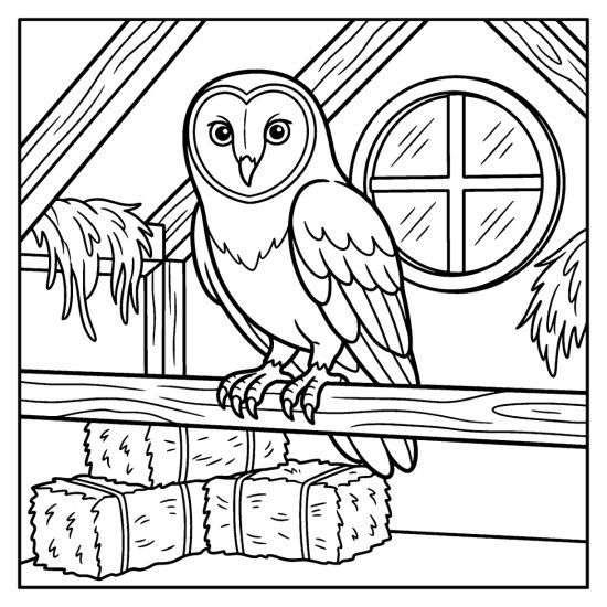 Barn owl roosting on a wooden rafter above hay bales beside a round loft window coloring page
