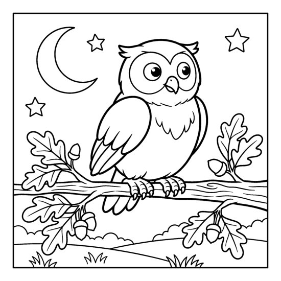 Owl on an oak limb swiveling its head back with leaves and a crescent moon in bold and easy