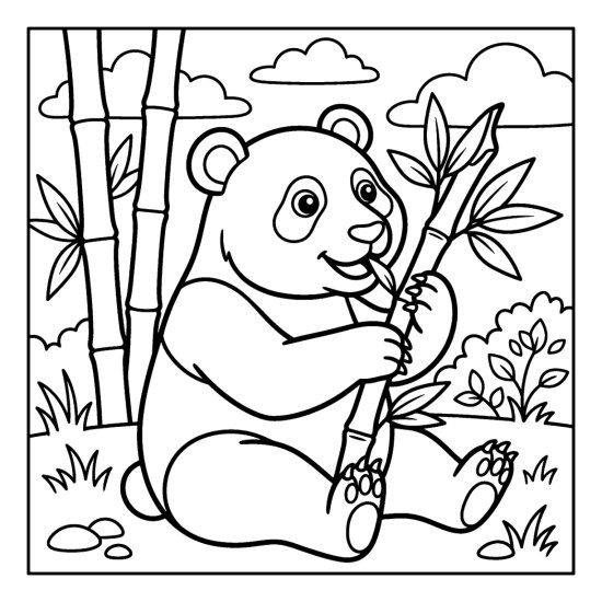 A panda sitting upright munching a tall bamboo stalk held in both paws, coloring page