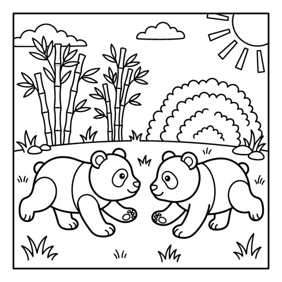 A pair of panda cubs chasing each other in a circle on the grass, bold and easy