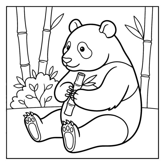 A panda sitting and hugging a short bamboo stalk against its chest, coloring page