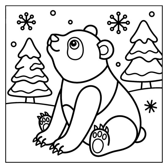 A panda sitting up in falling snow with its face tipped to the sky, coloring sheet