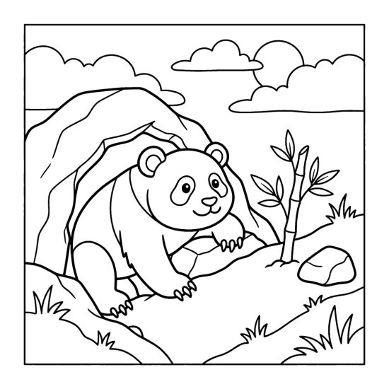 A panda poking its head out of a rocky den mouth on a hillside, bold and easy