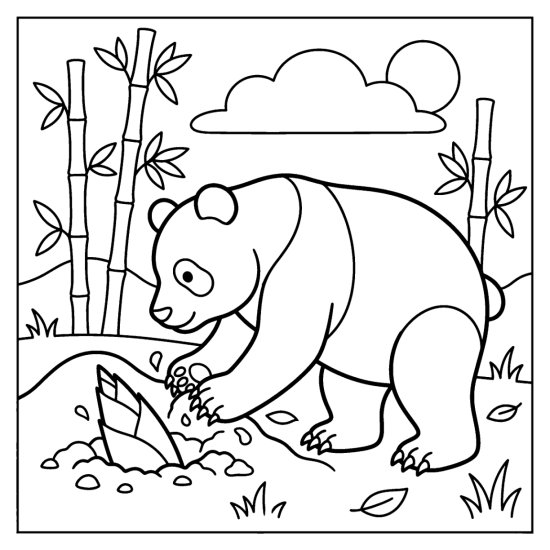 A panda digging up a bamboo shoot with its front paws, coloring sheet