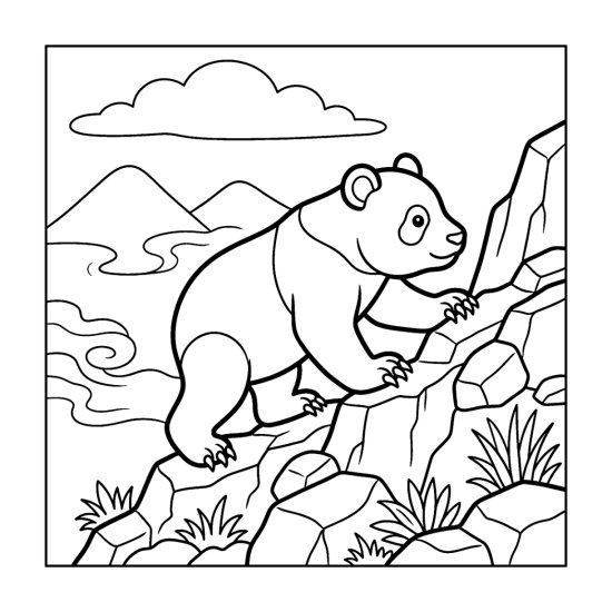 A panda clambering up a rocky mountain ledge in light mist, bold and easy