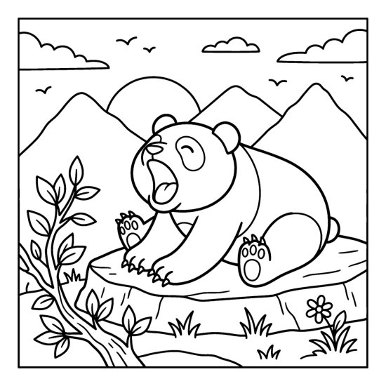 A panda stretching and yawning on a flat rock at sunrise, coloring sheet