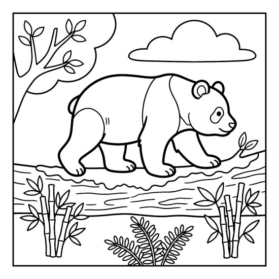 A panda walking carefully along a fallen mossy log, bold and easy