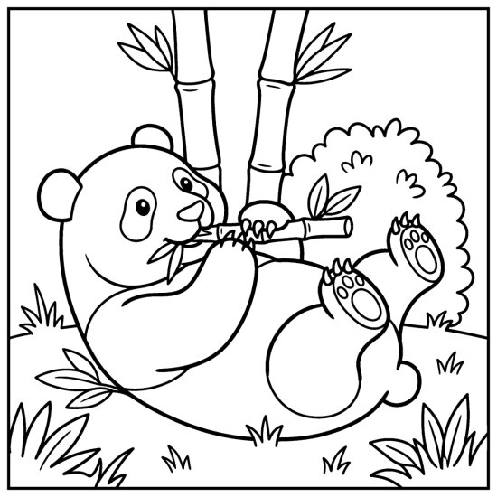 A panda lying on its back nibbling a bamboo shoot held up in its paws, coloring sheet