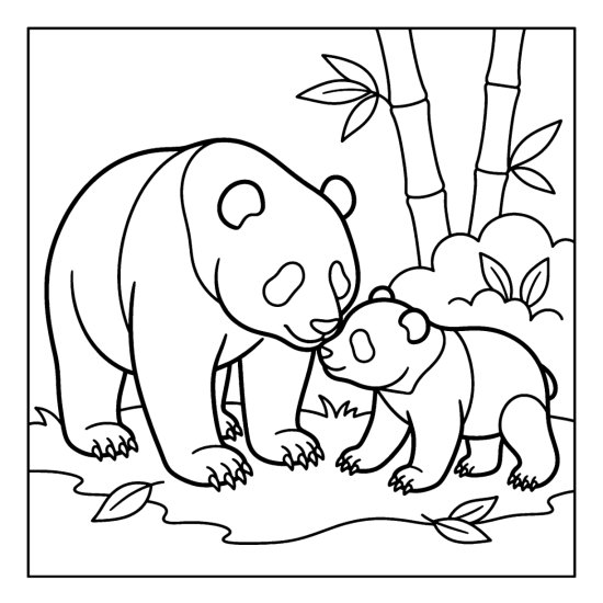 A mother panda nuzzling her little cub on the forest floor, coloring page