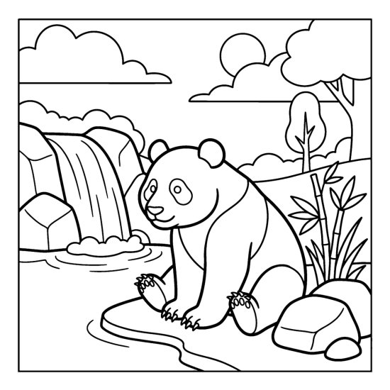 A panda sitting beside a calm pool at the foot of a low waterfall, coloring sheet