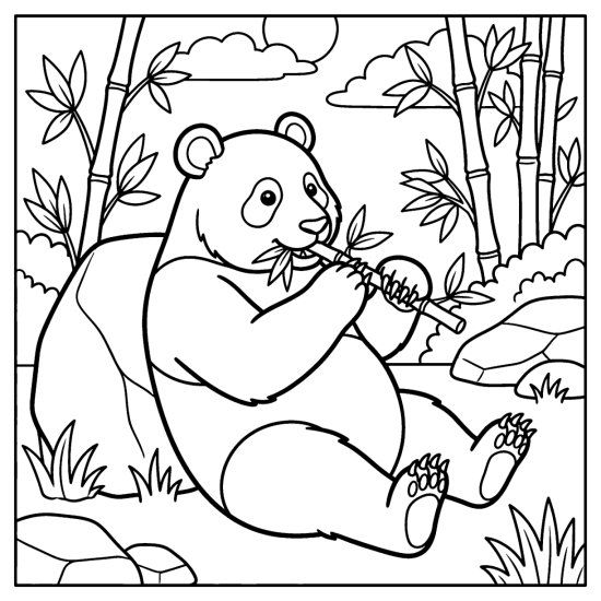 A panda leaning against a boulder chewing a bamboo stalk in both paws, bold and easy