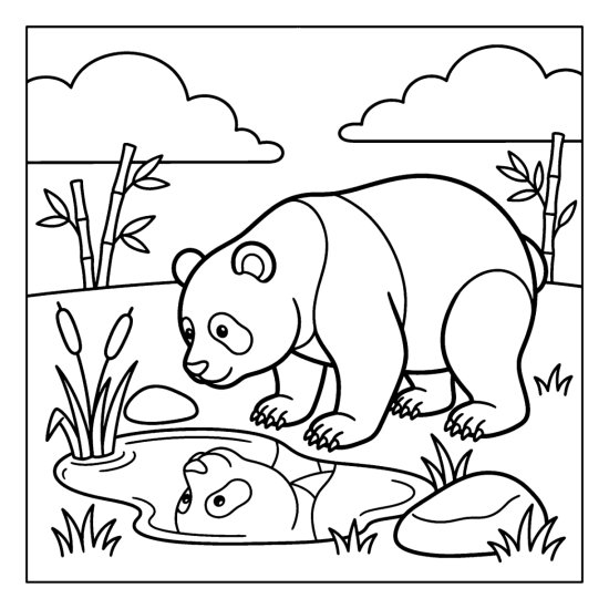 A panda crouched low gazing at its own reflection in a still puddle, coloring page