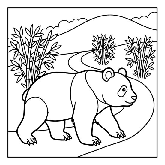 A panda ambling along a winding mountain path lined with bamboo, coloring sheet
