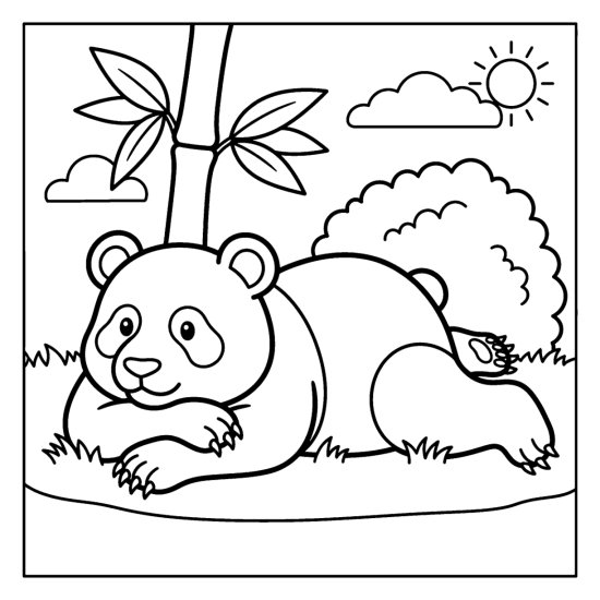 A panda lying belly down with its chin resting on its front paws, bold and easy