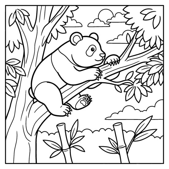 A panda perched in a tree fork gazing out over the leafy canopy, coloring page