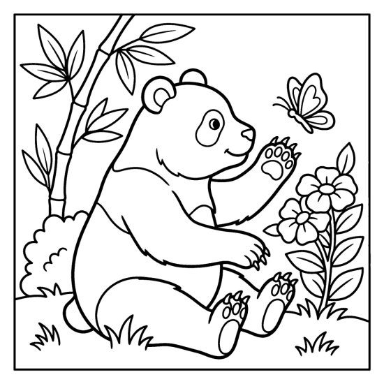 A panda gently batting a paw at a butterfly above a clump of flowers, coloring sheet