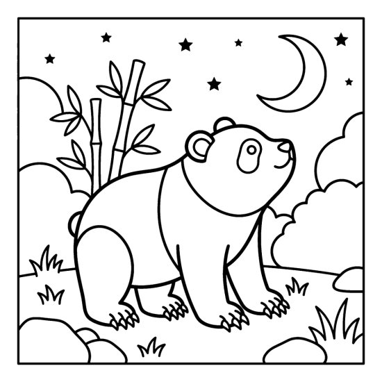A panda sitting in a quiet clearing at night looking up at a crescent moon, bold and easy