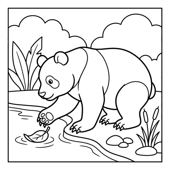 A panda crouched at a creek edge scooping a floating leaf with one paw, coloring page