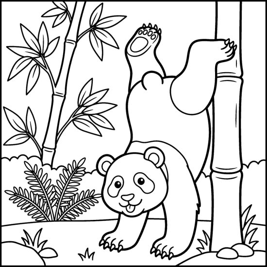 A panda in a playful handstand with back paws up against a bamboo culm, bold and easy