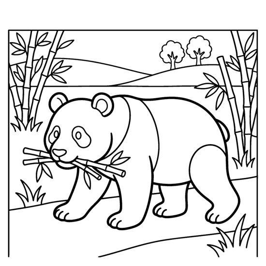 A panda walking along carrying a bundle of bamboo stalks in its mouth, bold and easy