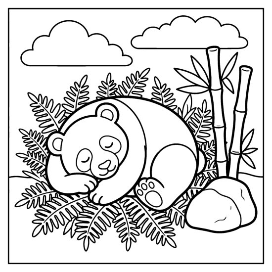 A panda curled up asleep in a soft bed of ferns, coloring page