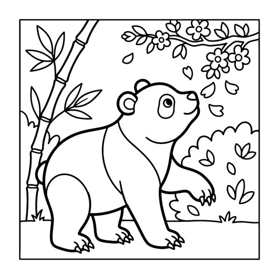 A panda reaching up to nose soft petals drifting from a flowering bough, coloring sheet