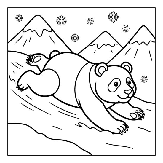 A panda sliding belly down across a gentle snowy slope, bold and easy