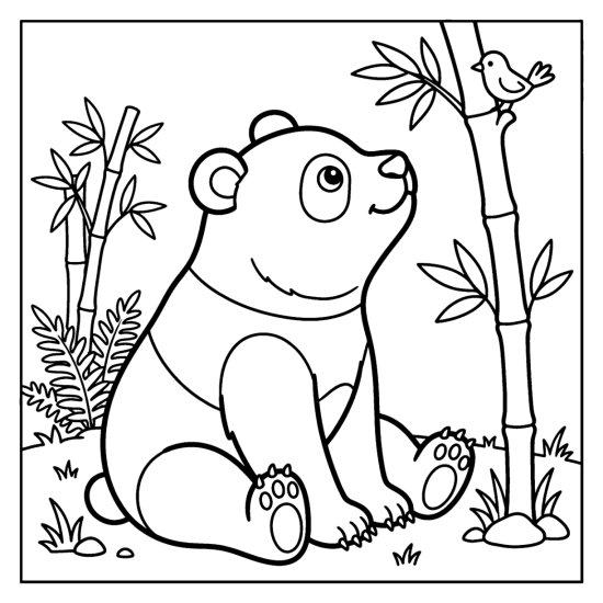 A panda gazing up at a tall bamboo stalk with a little bird perched on top, coloring page