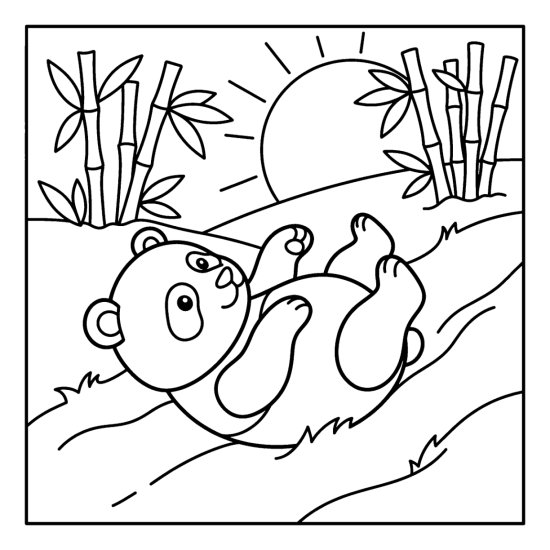 A panda tumbling down a grassy slope with all four paws drawn, coloring page