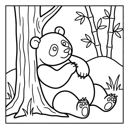 A panda rubbing its back against a sturdy tree to scratch an itch, coloring sheet