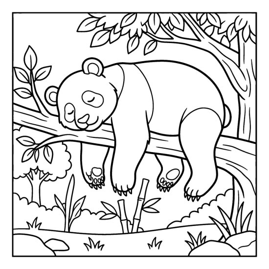 A panda sprawled asleep draped over a broad tree branch with legs dangling, bold and easy
