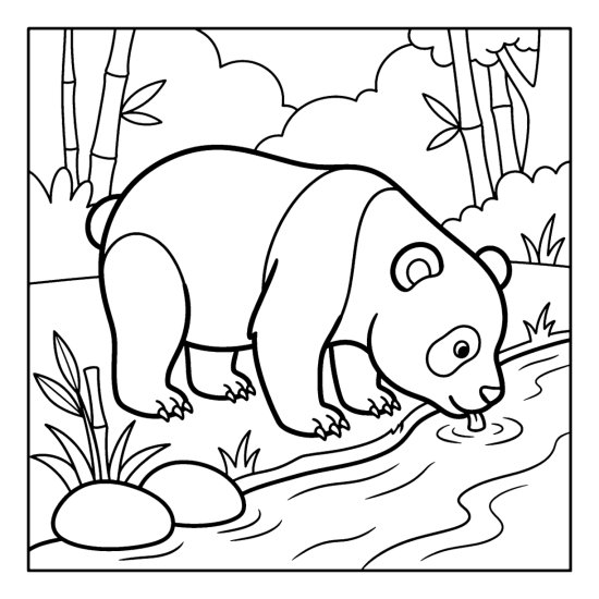 A panda dipping its head to sip at the edge of a clear stream, coloring page
