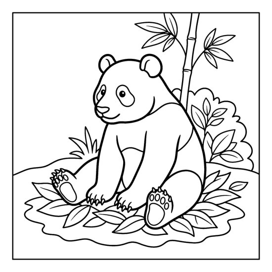 A panda seated in a soft pile of fallen bamboo leaves, coloring sheet