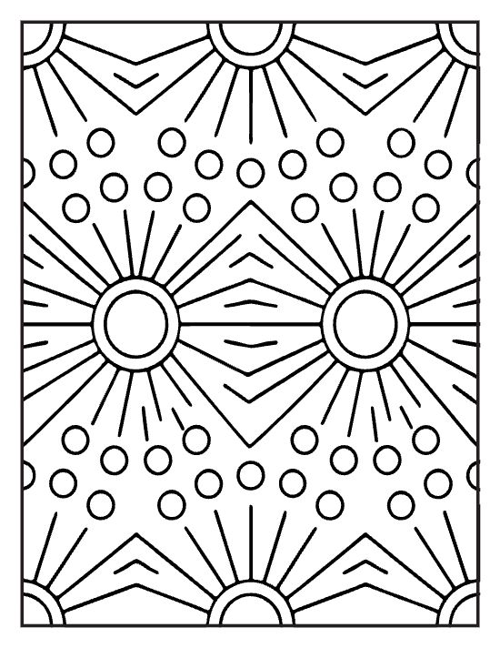 Alternating sunbursts and wave rows in a bold pattern