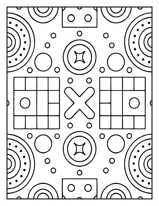 Bold geometric tile with concentric circles squares and a center cross on a coloring page