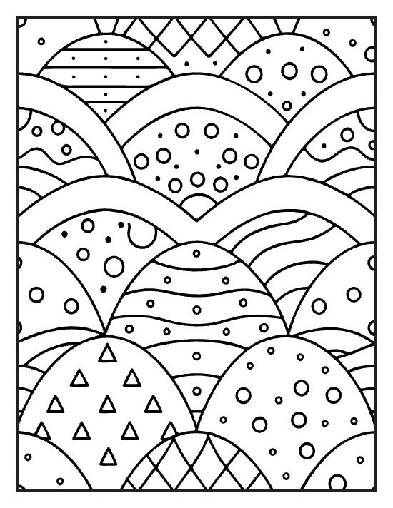 Rows of scalloped scales filled with varied dots stripes and triangles on a coloring page