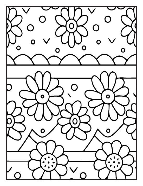 Rows of large daisies set between striped bands on a coloring page
