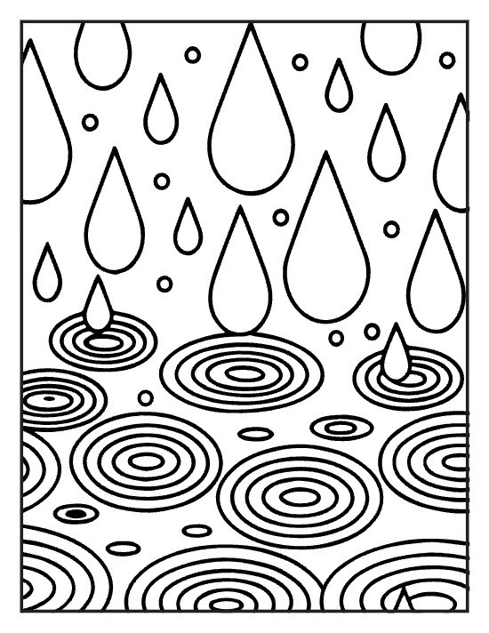 Falling raindrops above water rings of ripples in a bold pattern on a coloring sheet
