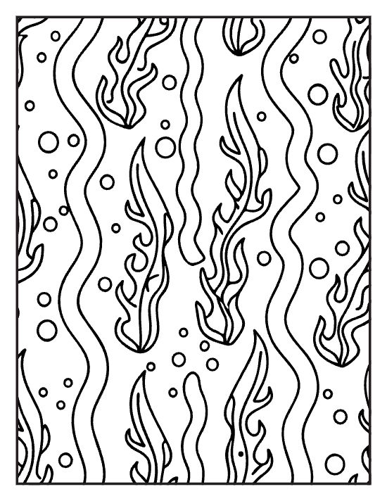 Vertical wavy flames and seaweed shapes among small bubbles on a coloring page
