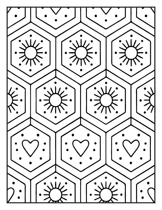 Honeycomb hexagons holding sunbursts and tiny hearts in a tiled pattern on a coloring sheet