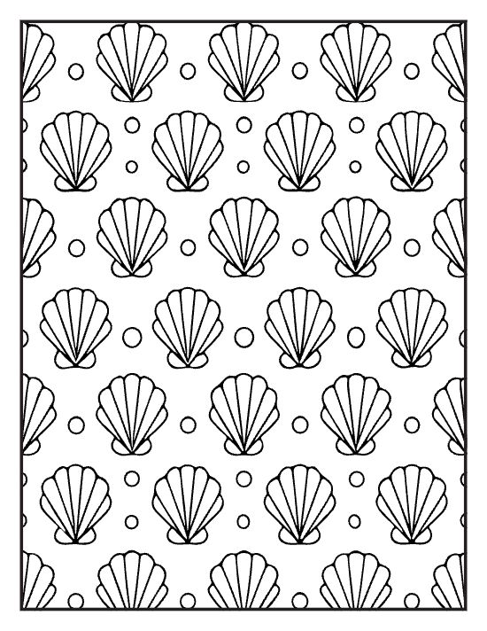 Repeating scallop seashells in tidy rows with small dots between on a coloring sheet