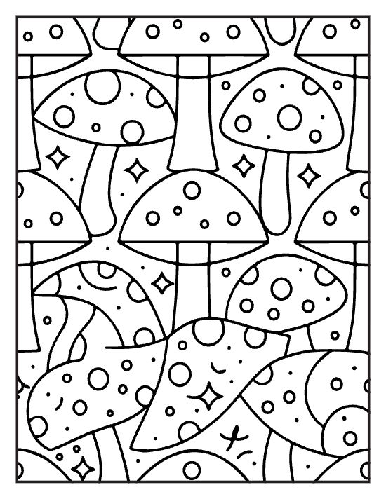 Spotted mushrooms tightly packed with little sparkles drawn bold and easy
