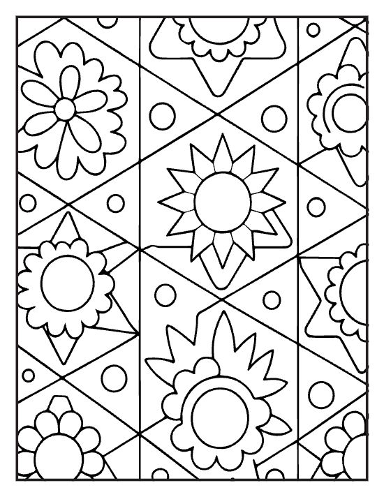 Sunbursts daisies and triangles tiled together with little circles on a coloring page