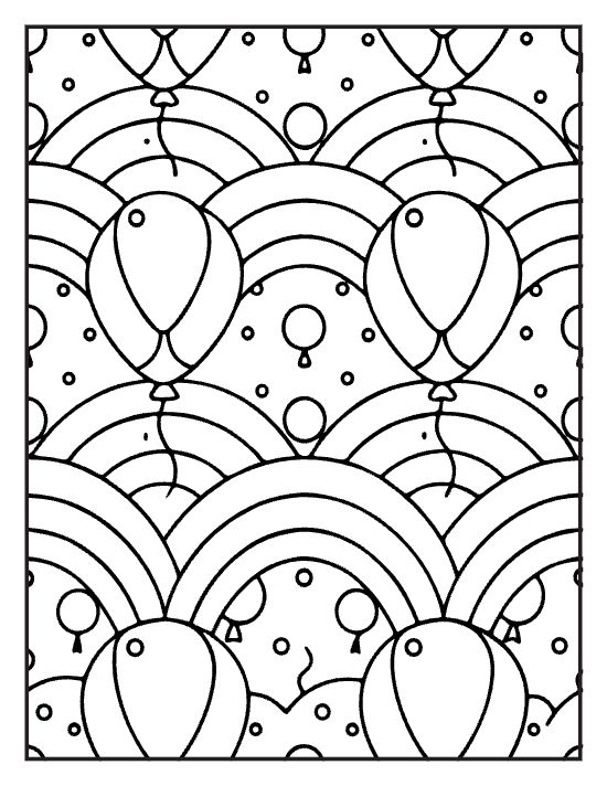 Striped balloons floating above arched rainbow rings and dots on a coloring page