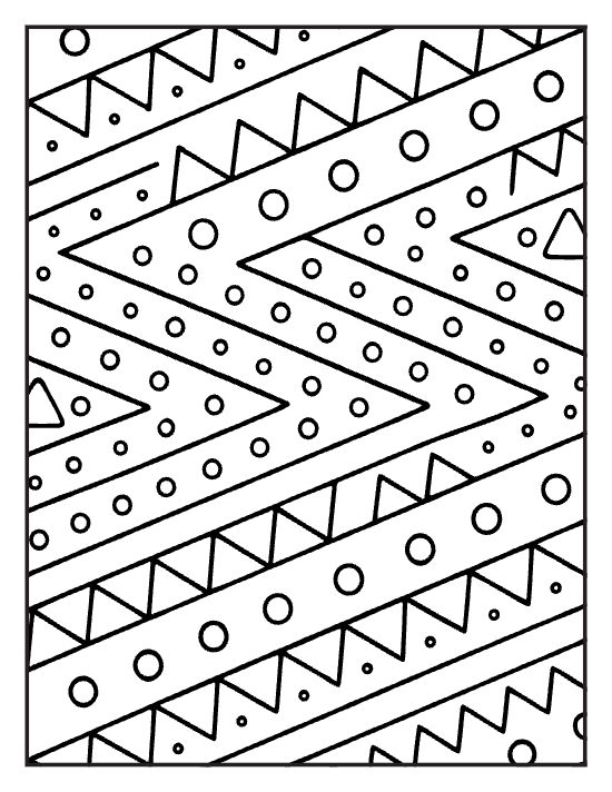 Bold zigzag bands with circles and small triangles stacked on a coloring sheet