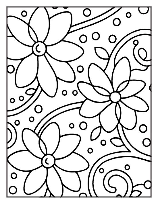 Three big daisies with curling paisley swirls and dots on a coloring page