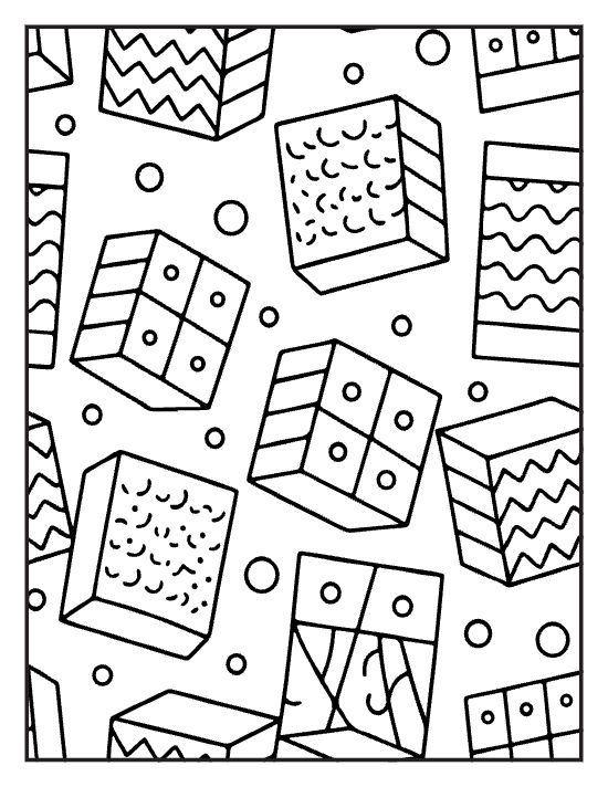 Tilted boxes with wavy dotted and grid faces stacked together on a coloring page