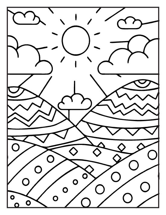 Striped patterned hills below a sun and clouds drawn bold and easy